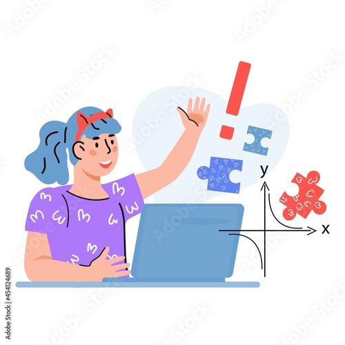 Smart clever child girl studying remotely and  having solution for mathematical task, flat cartoon vector illustration isolated on white.  Kids online education and homeschooling.