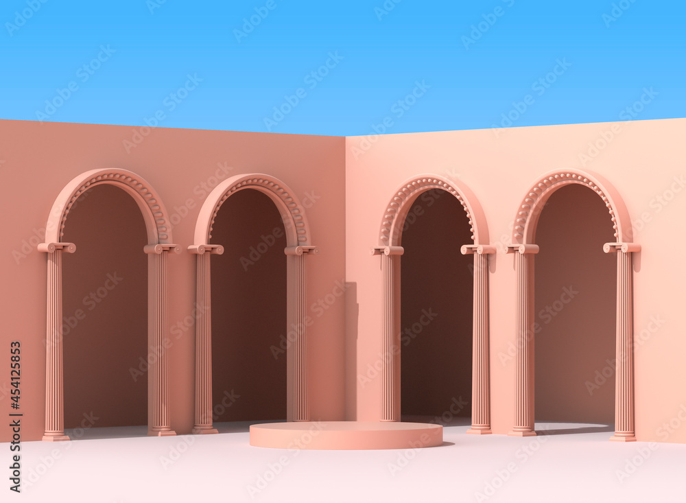 Podium with antique terracotta arches. A pedestal with columns on the background of a clear blue sky. 3D Render
