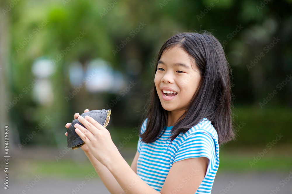 Asian child holding a tortoise in outdoor.Education about wildlife.Closeup of girl with pet animal with shell.Young female learning zoology. Asian child holding a tortoise in outdoor.Education about wildlife.Closeup of girl with pet animal with shell.Young female learning zoology.
