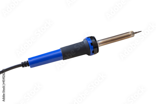 Soldering iron with blue handle on a white background. Isolated.