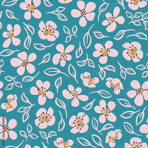 Retro teal blue flowers fabric seamless pattern botanical print background design. Vector illustration. Surface pattern design. Great for card design, kids, clothing and home decor projects. 