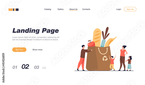 Tiny family at grocery bag with healthy food. Parents, kids, fresh vegetables flat vector illustration. Healthy nutrition, healthcare, lifestyle concept for banner, website design or landing web page