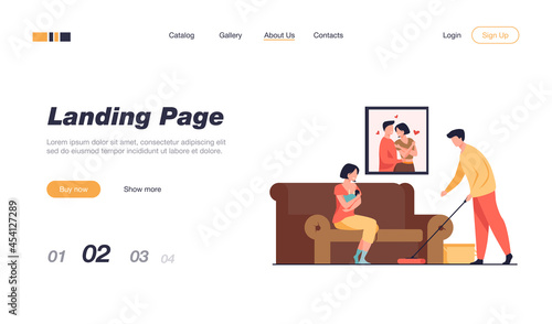 Loving man helping with house routine when woman feeding baby. Breast, family, newborn flat vector illustration. Motherhood and lactation concept for banner, website design or landing web page
