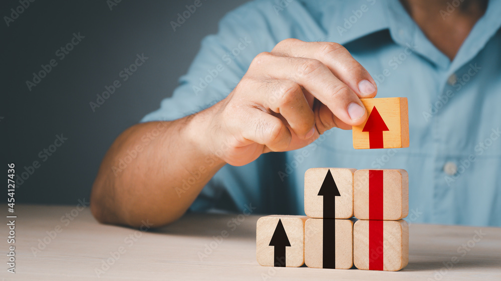 Obraz premium hand stack woods block step on table with icon Action plan, Goal and target, success and business target concept, project management, company strategy development.