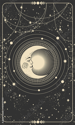 Magic Tarot card, night sky background with stars and crescent moon on black background. Frame for astrology, witchcraft, predictions. Vector illustration.