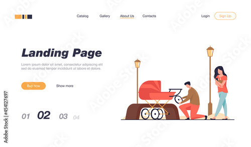 Man repairing pram and woman feeding baby. Wheel, park, newborn flat vector illustration. Motherhood and lactation concept for banner, website design or landing web page