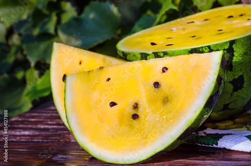 atermelon with yellow pulp on the table