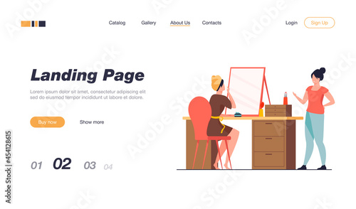 Woman applying makeup while chatting with female friends. Girls preparing for party together flat vector illustration. Friendship, beauty care concept for banner, website design or landing web page
