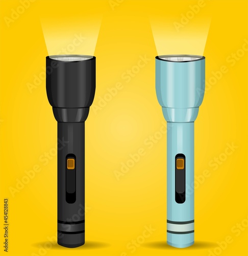 Lanterns on a yellow background. Realistic style. Concept. Leisure and tourism. Lighting. Modern vector illustration. Technology. Bright colours. Black flashlight. Torch. 