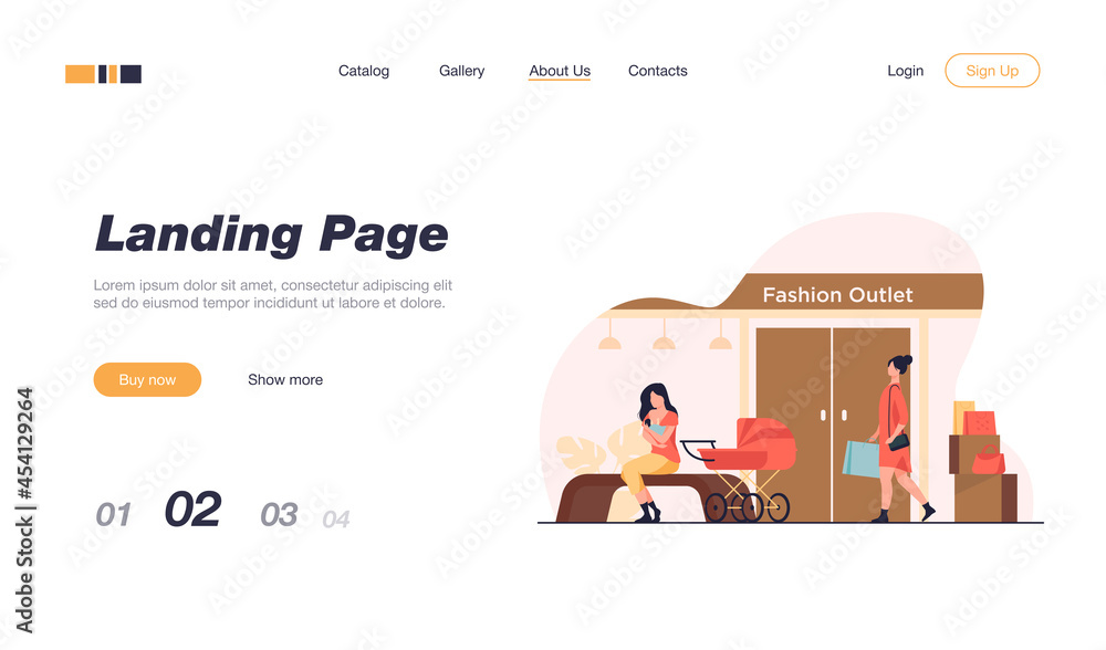 Mother feeding baby near fashion outlet. Store, pram, shopping flat vector illustration. Motherhood and lactation concept for banner, website design or landing web page Mother feeding baby near fashion outlet. Store, pram, shopping flat vector illustration. Motherhood and lactation concept for banner, website design or landing web page
