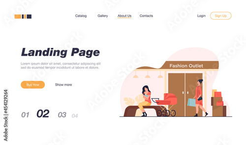 Mother feeding baby near fashion outlet. Store, pram, shopping flat vector illustration. Motherhood and lactation concept for banner, website design or landing web page