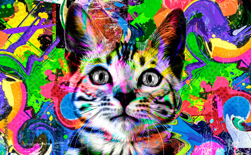 cat head with eyeglasses and creative abstract elements on colorful background