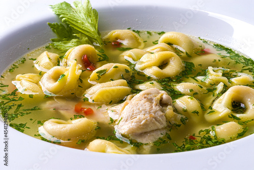 Capeletti soup with shredded chicken photo
