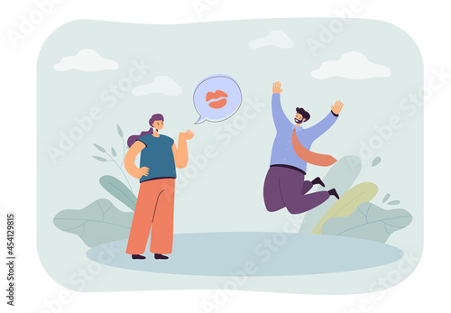 Cartoon girlfriend sending flying kiss to happy boyfriend. Woman flirting with man jumping in air flat vector illustration. Love, romance concept for banner, website design or landing web page