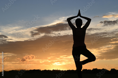Backlighting of slim young woman performing yoga tree pose