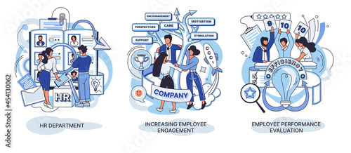 HR department. Employee performance evaluation. HR employee engagement work motivation loyalty person. Increasing employee engagement. Professional labor inspiration and assessment. Creative metaphor