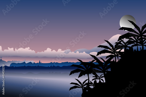 Vector illustration of beautiful dark blue Hills landscape in flat style design. Valley with lake background. mountains and blue sky. Rural location in the hills, forest, trees, cartoon vector