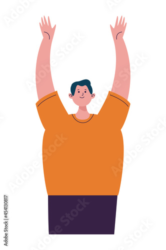 man with hands up