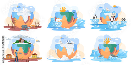 Temperature rising and animal extinction concept. Set of illustrations about melting glaciers, global warming and climate change on planet. Polar animals and people during environmental problem