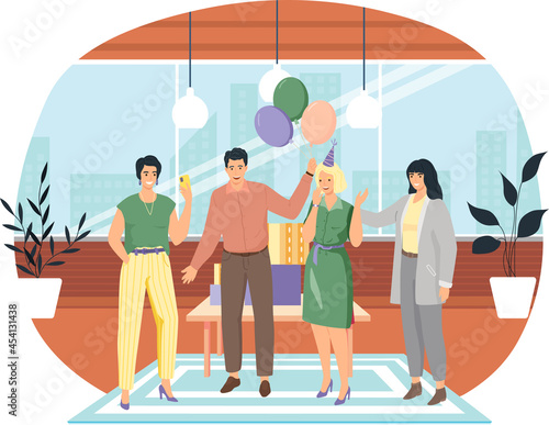 Birthday party in office flat vector illustration. Workers organize holiday, congratulate boss. Interaction, entertainment at workplace. Business team giving gifts balloonns and cake to colleague photo