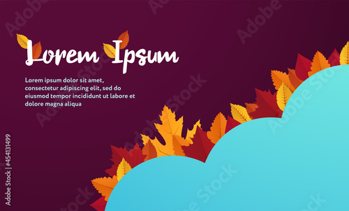 Autumn vector poster template with copy space. Colorful dry leaves on wavy lilac and blue background