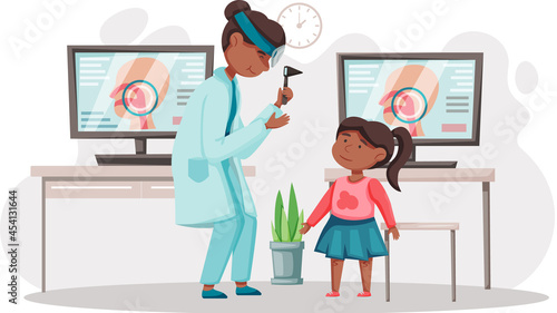 Otolaryngologist doctor with nose, ear and throat or ENT diagnostic and treatment instruments. Otology doctor with patient. Otorhinolaryngology healthcare medicine or otolaryngology diseases