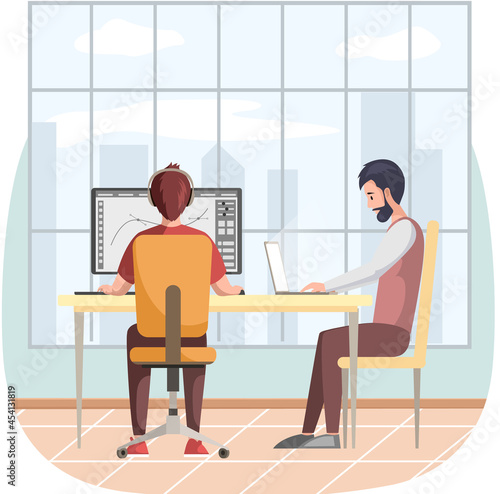 Graphic designer creating his artwork using computer software and lising music. Digital artist, illustrator, graphic design professional at workplace. Print studio workers. Freelance, work from home