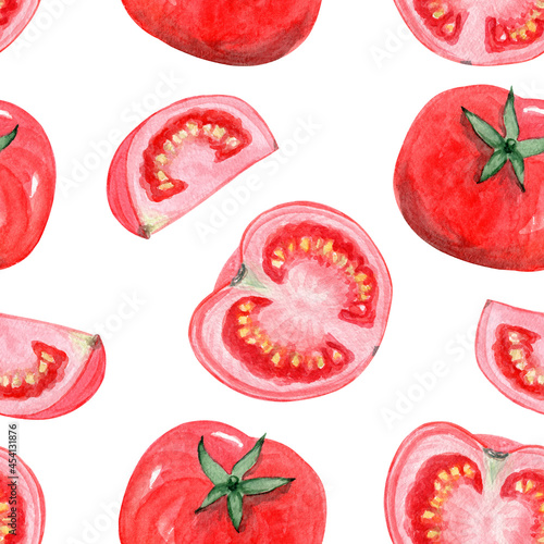 Fototapeta Naklejka Na Ścianę i Meble -  watercolor red tomato seamless pattern on white background
