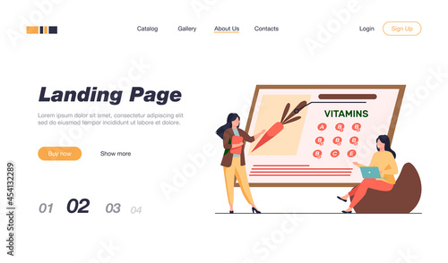 Women studying vitamins in organic food. Nutritionist presenting fresh vegetable on screen flat vector illustration. Healthy nutrition, diet concept for banner, website design or landing web page