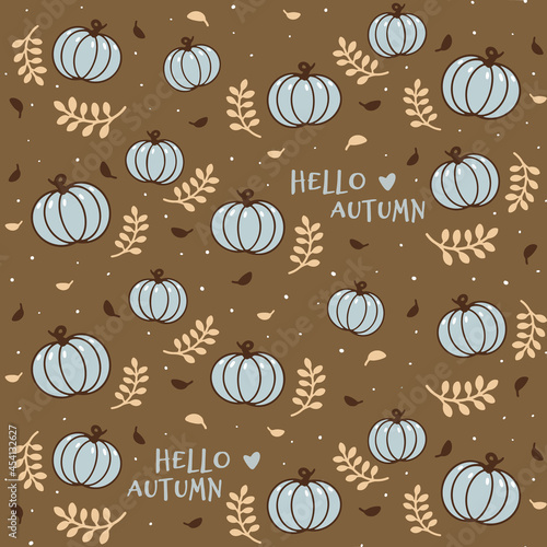 Hello autumn seamless pattern with blue pumpkins and leaaves