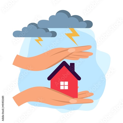 Real estate insurance, an insurance agent holds a house in his hands, shelters from the elements, protection from danger, security. House under protection. Property security concept. Flat vector illus