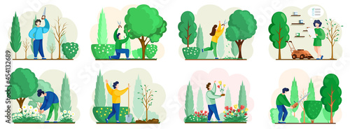 Seasonal gardening with characters of gardeners working in outdoor garden scenes set with people growing plants and flowers. Agriculture organic garden tillage and farming, plant care, gardening hobby