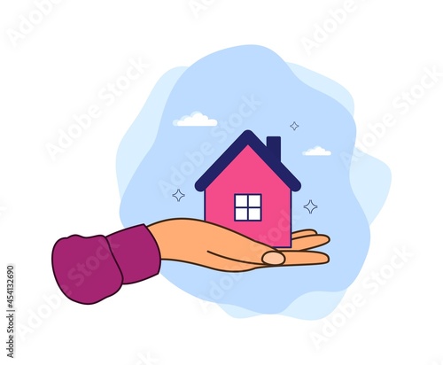 man holding house in hand, concept of safety and comfort of own home, stay at home illustration
