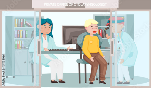 Otolaryngologist doctor with nose, ear and throat or ENT diagnostic and treatment instruments. Otology doctor with patient. Otorhinolaryngology healthcare medicine or otolaryngology diseases