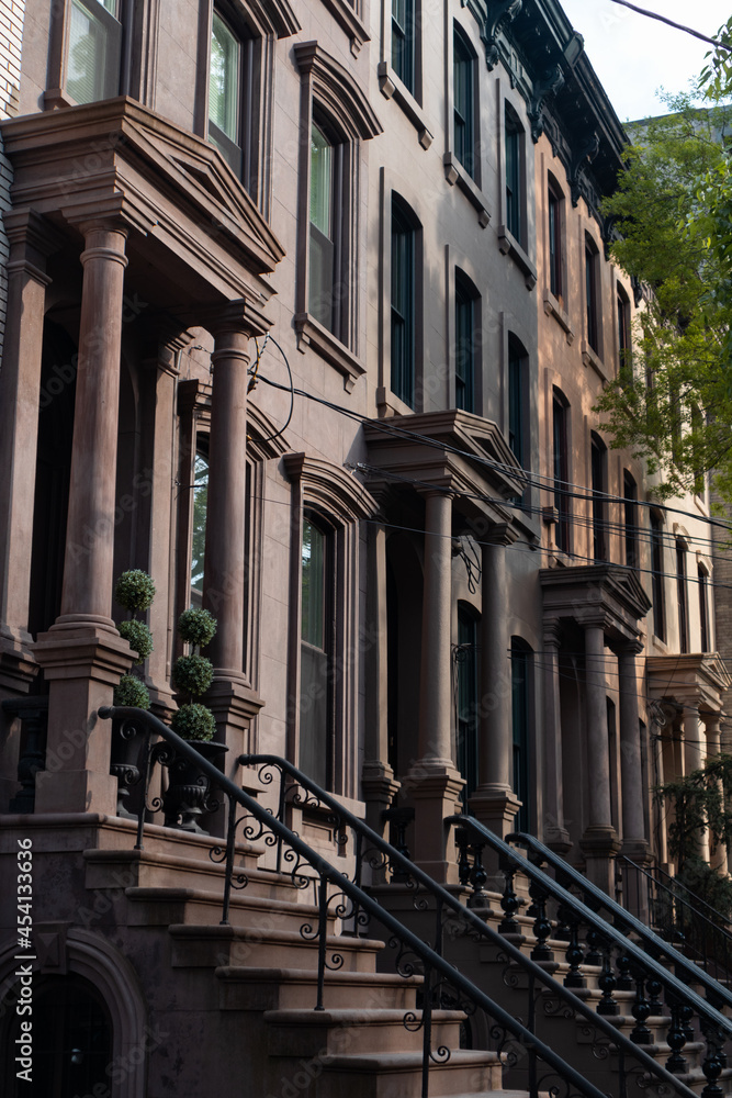 Row of Beautiful Old Brownstone Homes with Staircases in Jersey City New Jersey