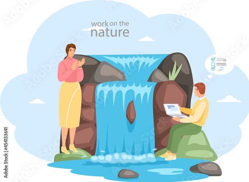 Young people working remotely on nature. Characters communicating through network on laptop. Freelance, work from anywhere in world. Woman and man plan business and solve work issues near waterfall