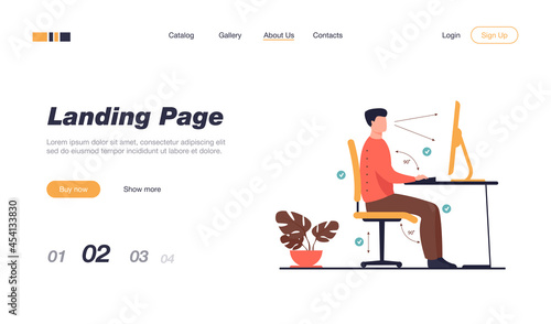 Instruction for correct pose during office work flat vector illustration. Cartoon worker sitting at desk with right posture for healthy back and looking at computer. Health and ergonomics concept
