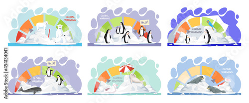 Global warming, environment pollution, global warming heating impact. Change climate. Penguins and polar bear floating on iceberg. World Environment Day, sun ecology. Global warming ice landscape