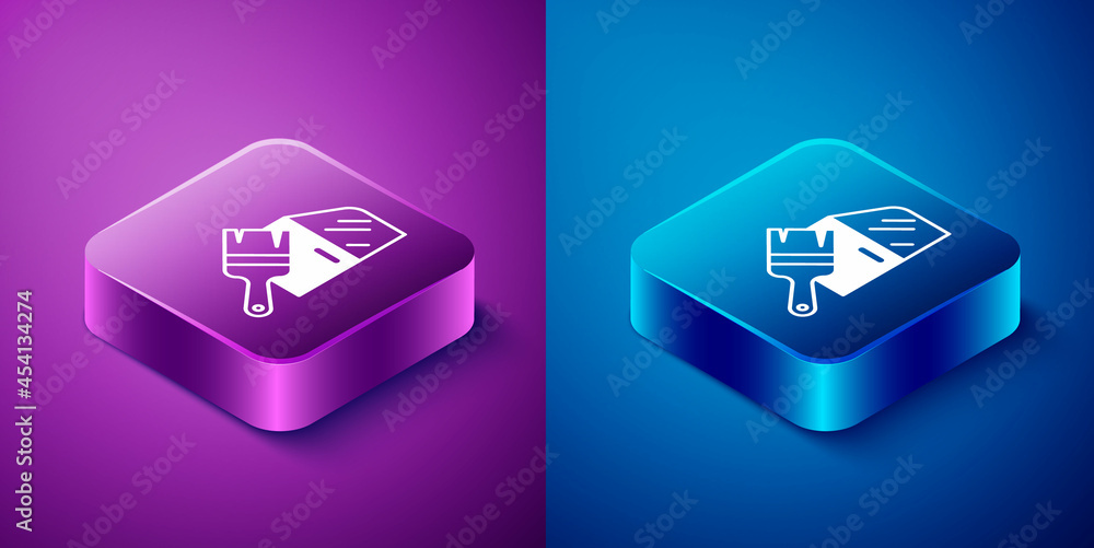 Isometric Car painting icon isolated on blue and purple background. Car body repair process. Square button. Vector Isometric Car painting icon isolated on blue and purple background. Car body repair process. Square button. Vector