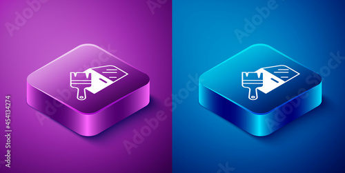 Isometric Car painting icon isolated on blue and purple background. Car body repair process. Square button. Vector