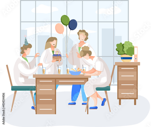 Birthday party in hospital, fun entertainment in medical office. Doctors organize holiday congratulate colleague. Interaction, entertainment at workplace. Team of medics giving gifts and cake