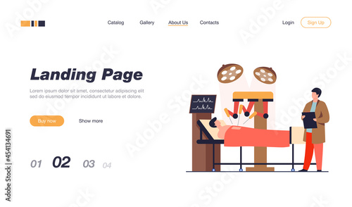 Robot operating on patient. Surgeons monitoring robotic arms work in operating room. Vector illustration for modern technology in surgery, surgical equipment concept