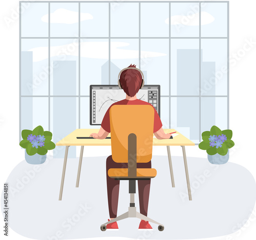 Graphic designer creating his artwork using computer software and lising music. Digital artist, illustrator, graphic design professional at workplace. Print studio workers. Freelance, work from home