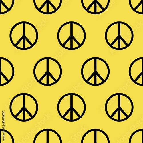 Peace sign. International symbol of peace, disarmament, anti-war movement. Pacifism, hippie sign. Seamless pattern. Vector illustration on yellow background