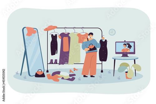 Cartoon woman receiving stylists advice on clothing. Flat vector illustration. Girl talking with personal fashion assistant online, standing in front of computer. Fashion, wardrobe, Internet concept