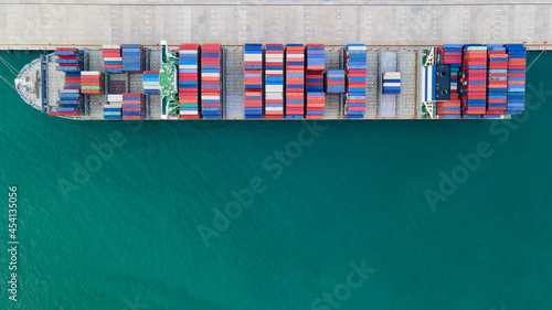 Aerial top view Logistics and transportation of Container Cargo ship and Cargo import export business