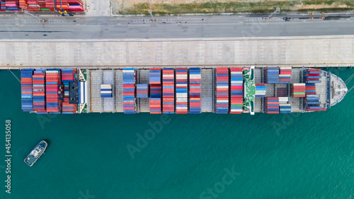 Aerial top view Container ship Cargo ship Large container ship at sea and export products.
