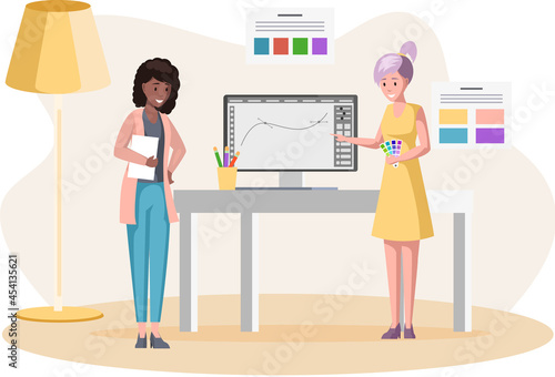 Graphic designer creating his artwork using computer software and lising music. Digital artist, illustrator, graphic design professional at workplace. Print studio workers. Freelance, work from home