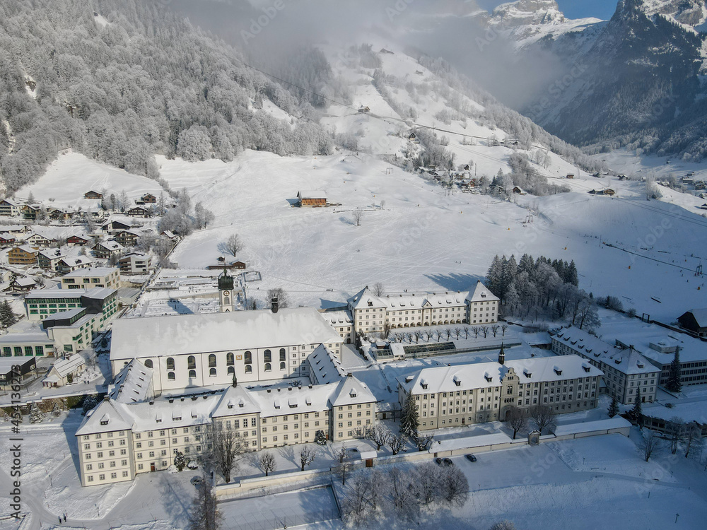Winter landscape view at the monastery of Engelberg in the Swiss alps