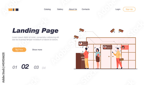 People standing queue in bank to withdrawing cash money flat vector illustration. AI face recognition with camera for access. Digital safety, analysis and control concept
